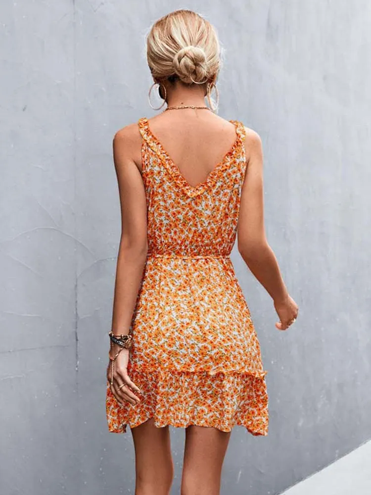 Boho Floral Print Ruffle Dress