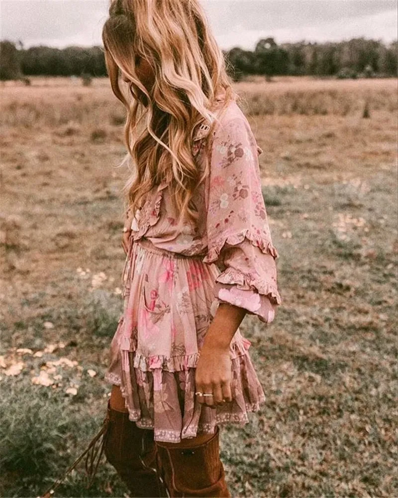 Boho Long Sleeve Ruffles Dress