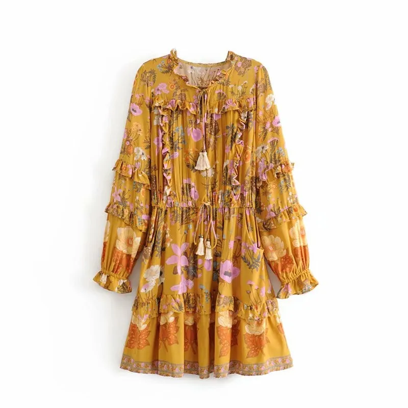Boho Long Sleeve Ruffles Dress