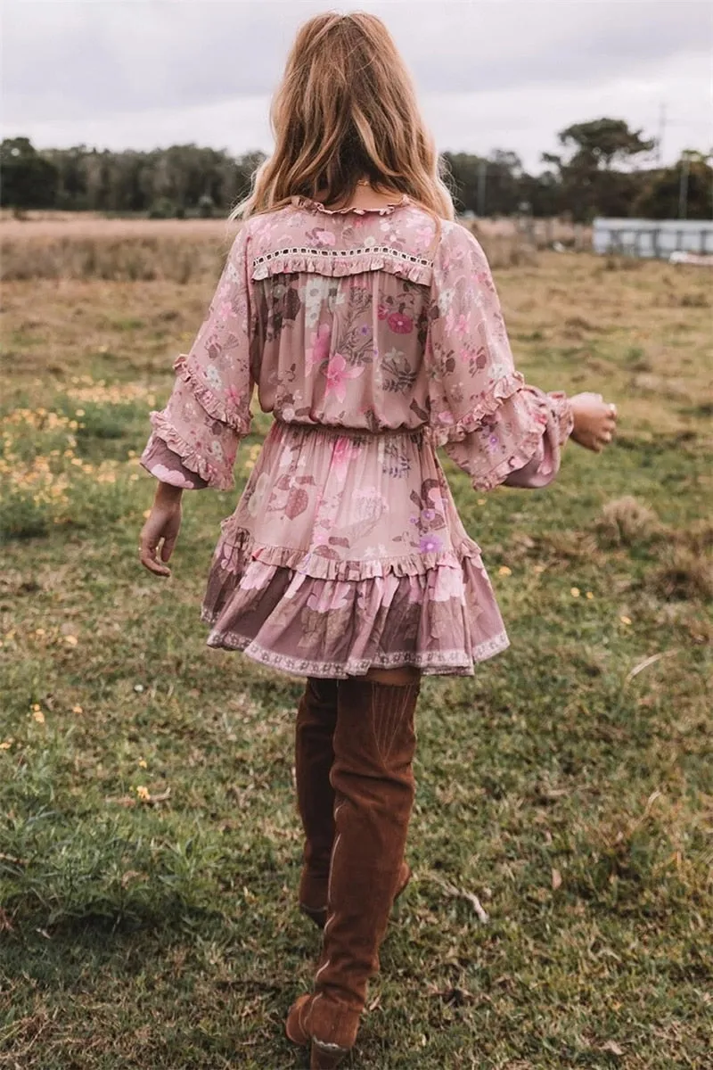 Boho Long Sleeve Ruffles Dress