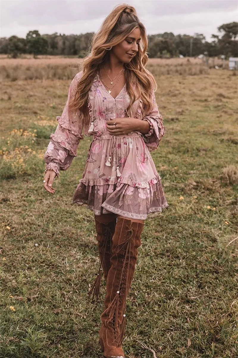 Boho Long Sleeve Ruffles Dress