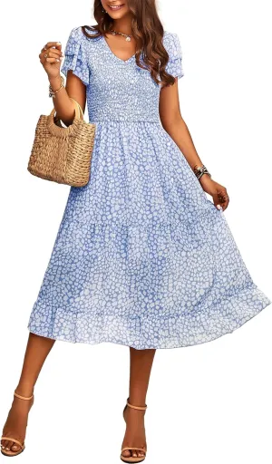 BTFBM Women Casual Summer Short Ruffles Tiered Sleeve Smocked Midi Dresses Bohemian Floral V Neck Wedding Guest Long Dresses