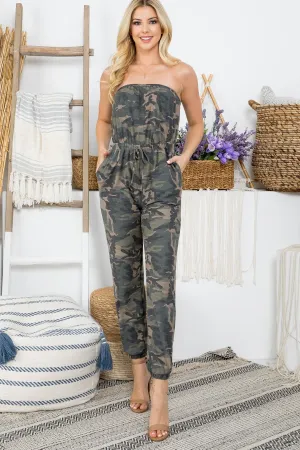 CAMO PRINT DRAWSTRING WAISTLINE WITH SIDE POCKET CUFFED LEG TUBE JUMPSUIT