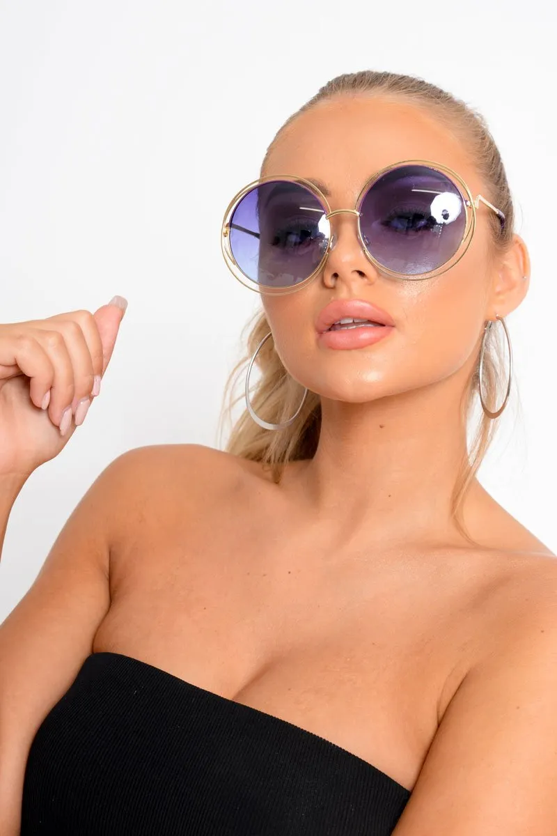 Gold And Blue Oversized Round Frame Sunglasses - Stacy