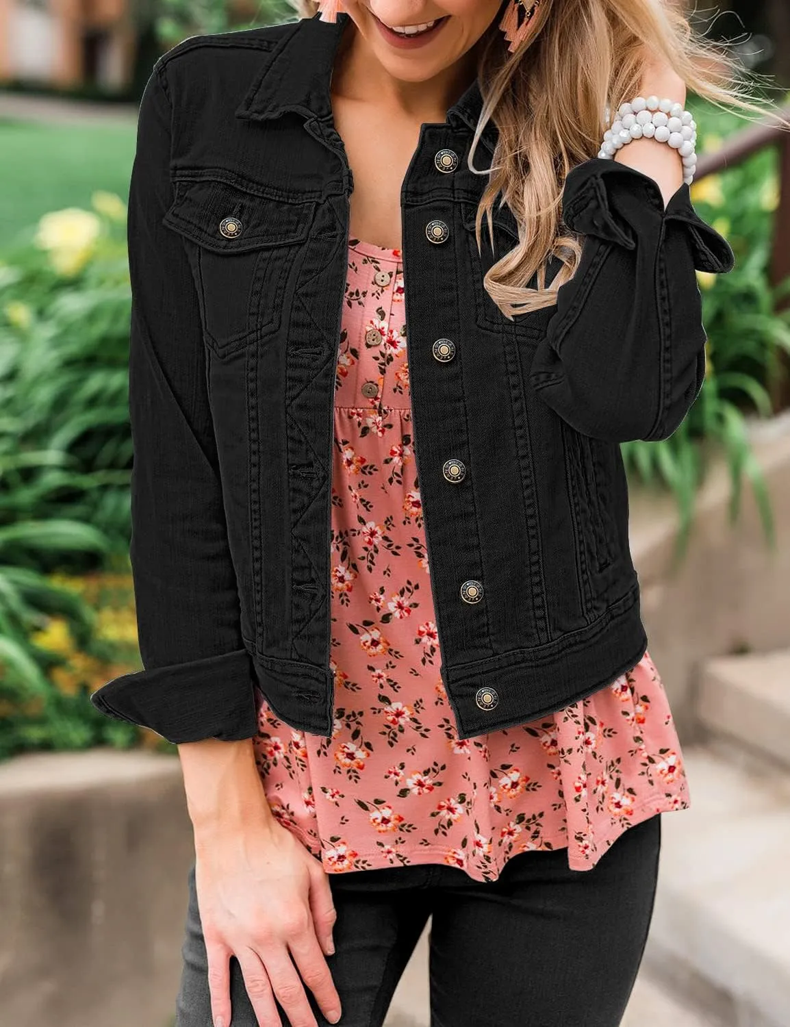 LookbookStore Women's Basic Long Sleeves Button Down Fitted Denim Jean Jackets