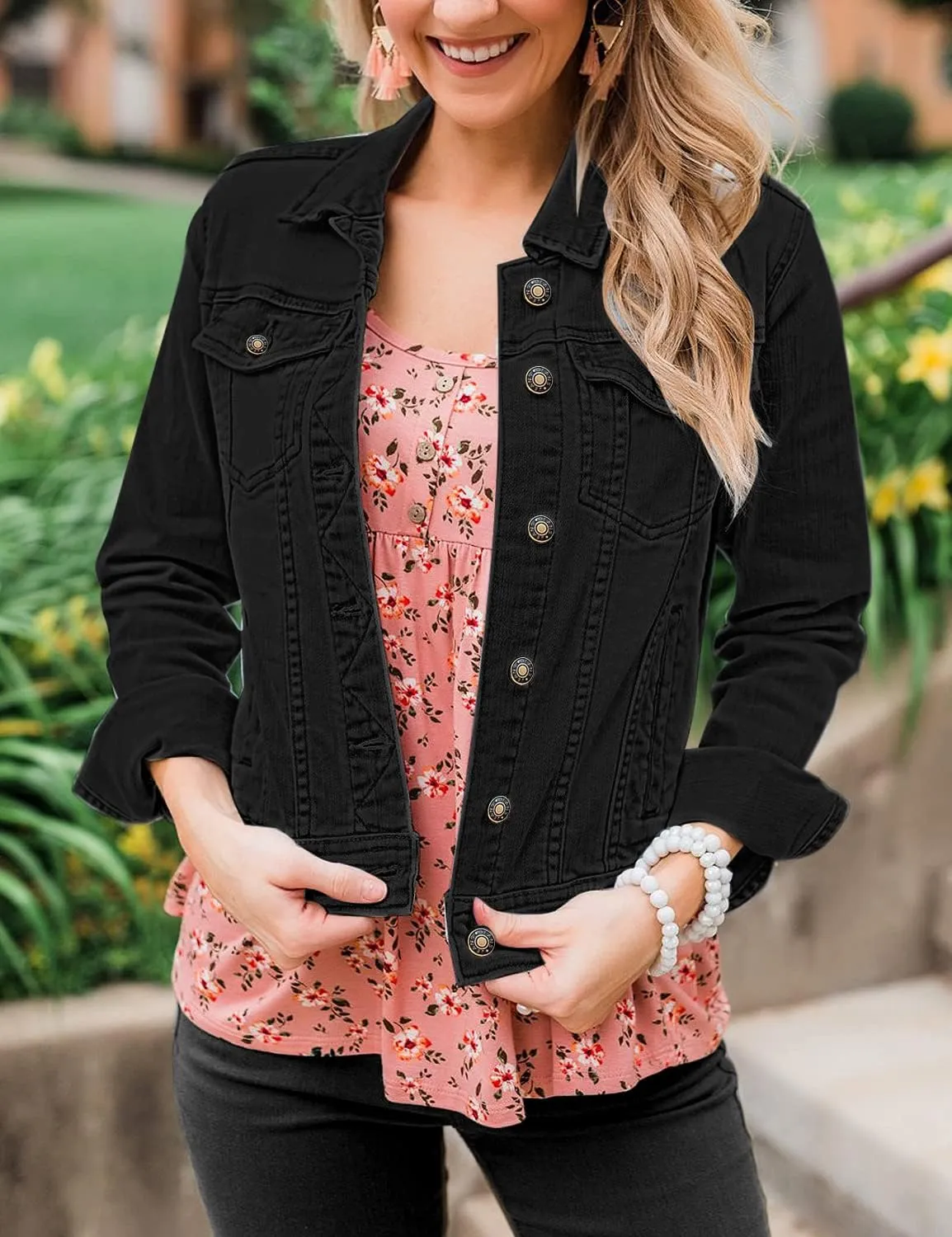 LookbookStore Women's Basic Long Sleeves Button Down Fitted Denim Jean Jackets