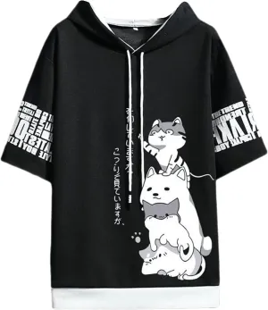 Men Women Y2K Hoodie T-Shirt, Japanese Kawaii Cute Anime Short Sleeve Aesthetic Top Tshirts Streetwear Summer