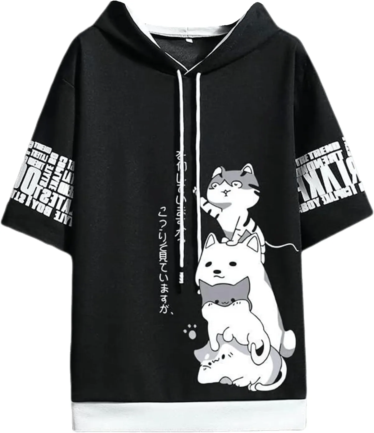 Men Women Y2K Hoodie T-Shirt, Japanese Kawaii Cute Anime Short Sleeve Aesthetic Top Tshirts Streetwear Summer