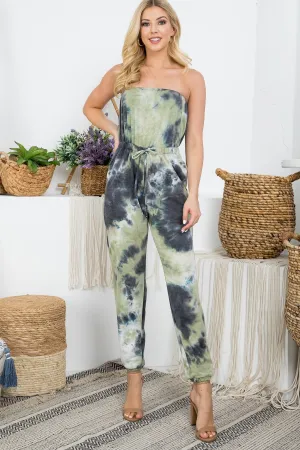OLIVE TIE DYE PRINT DRAWSTRING WAISTLINE WITH SIDE POCKET CUFFED LEG TUBE JUMPSUIT