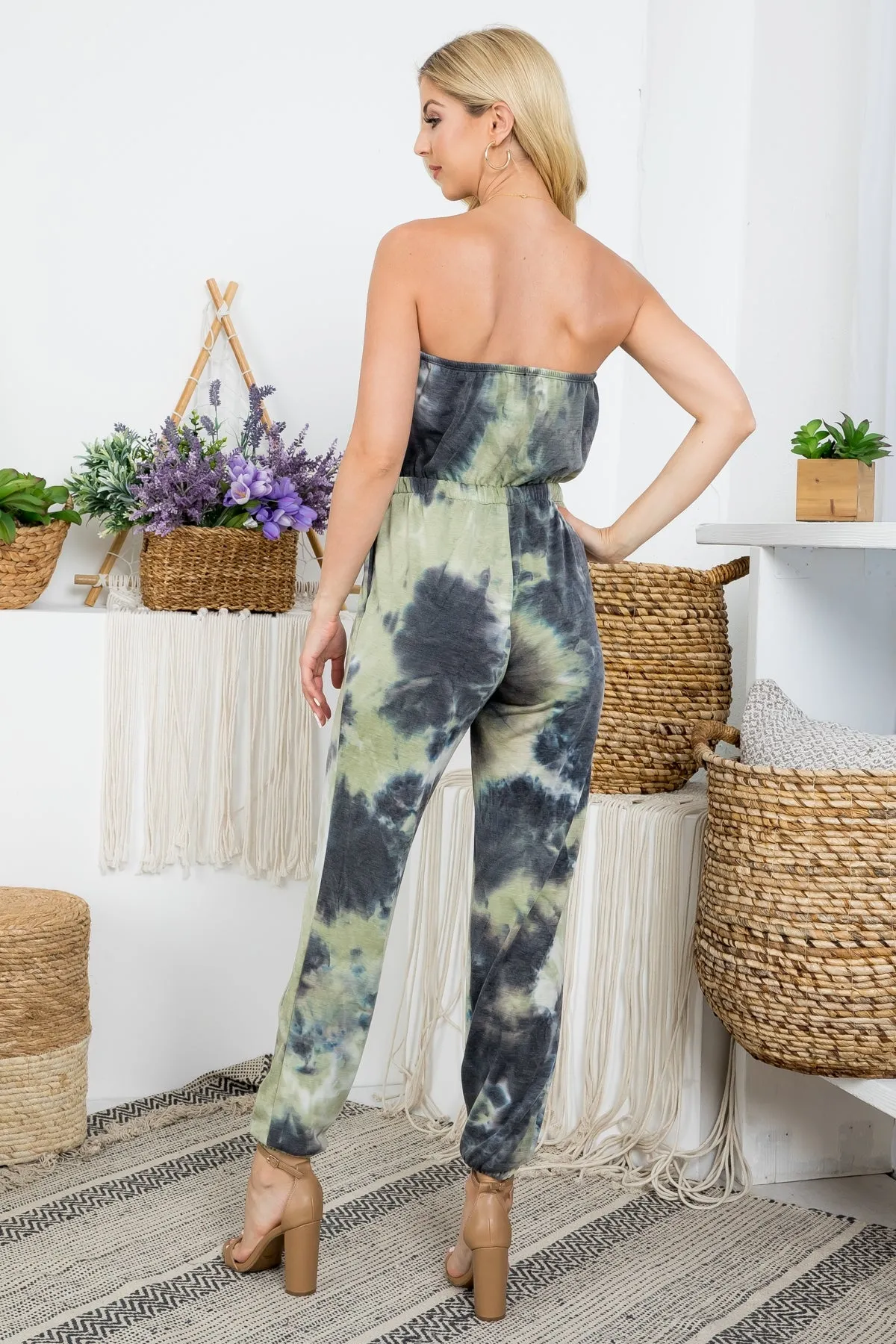OLIVE TIE DYE PRINT DRAWSTRING WAISTLINE WITH SIDE POCKET CUFFED LEG TUBE JUMPSUIT