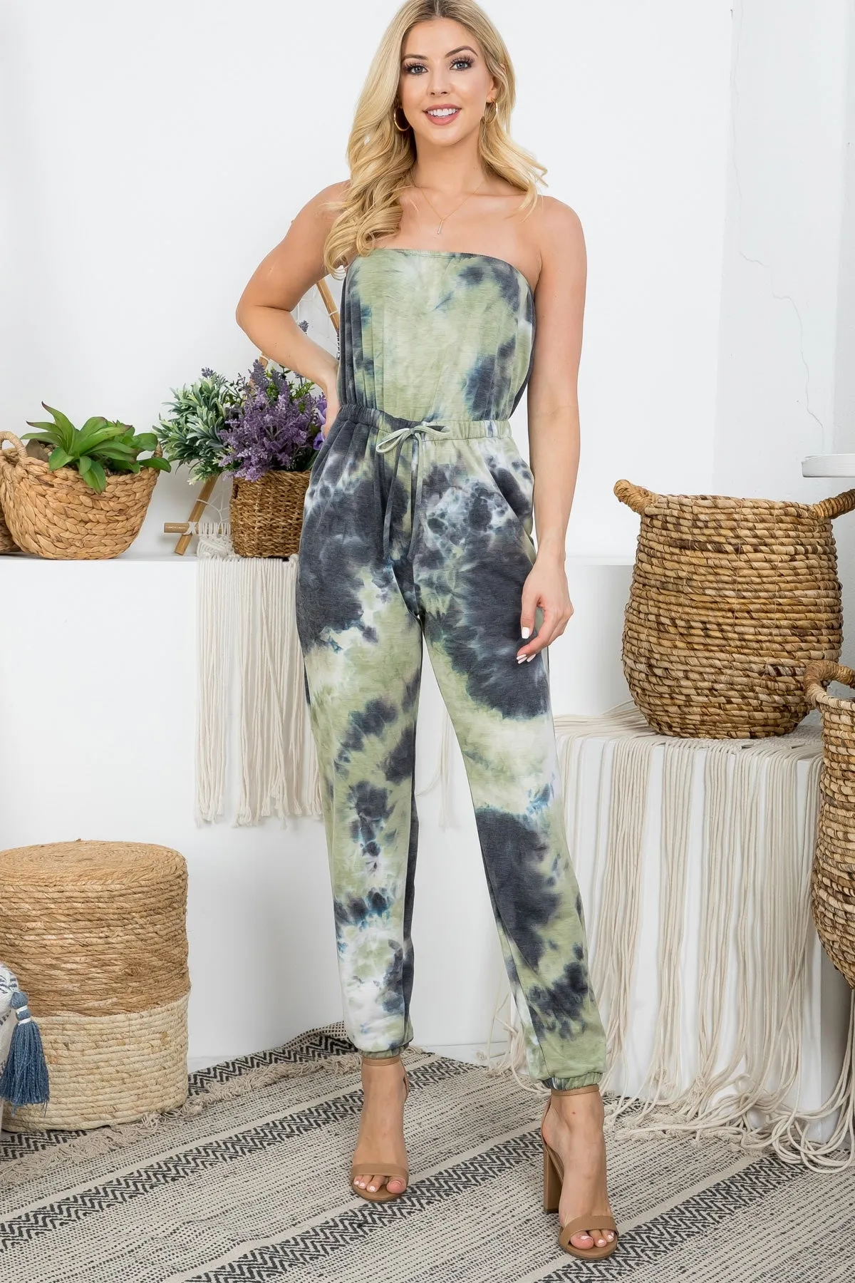 OLIVE TIE DYE PRINT DRAWSTRING WAISTLINE WITH SIDE POCKET CUFFED LEG TUBE JUMPSUIT
