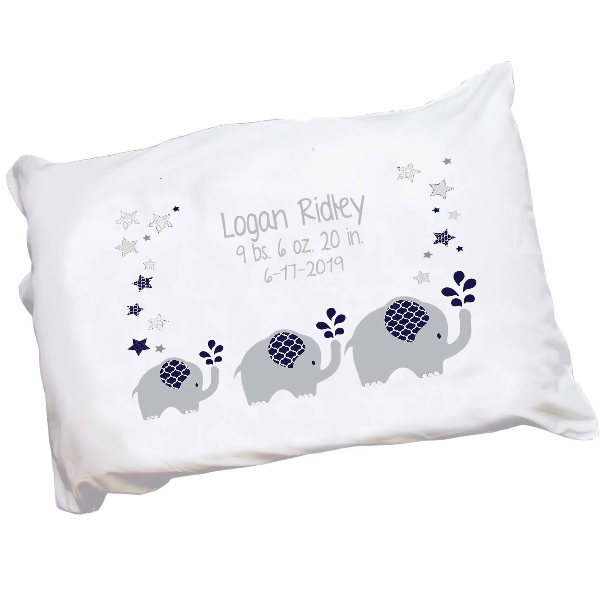 Personalized Navy Gray Elephant Pillowcase