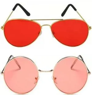 Round, Aviator Sunglasses (For Men & Women, Red, Pink)