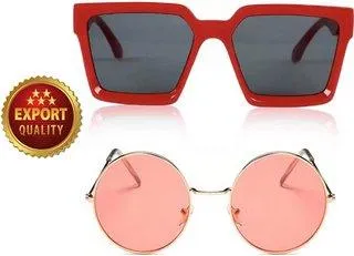 Round, Retro Square Sunglasses (For Men & Women, Red, Pink)