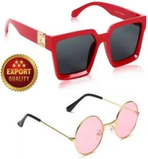 Round, Retro Square Sunglasses (For Men & Women, Red, Pink)