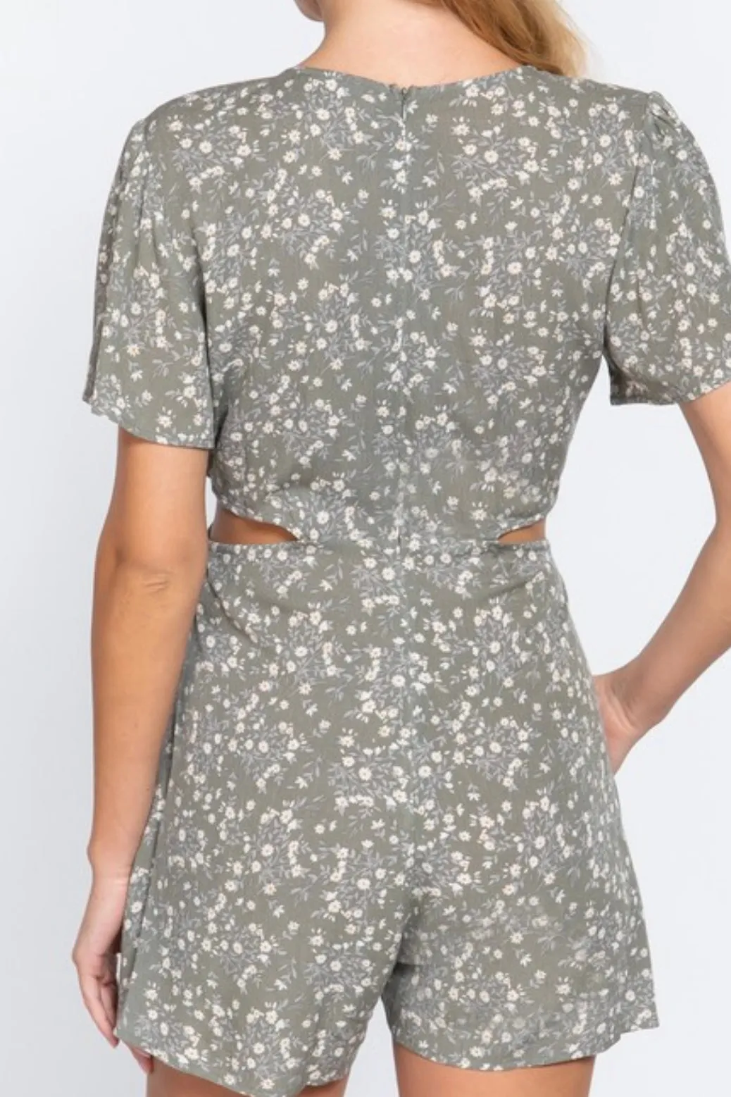 SHORT RUFFLE SLEEVE V-NECK WITH O-RING CUT OUT BACK ZIPPER ROMPER