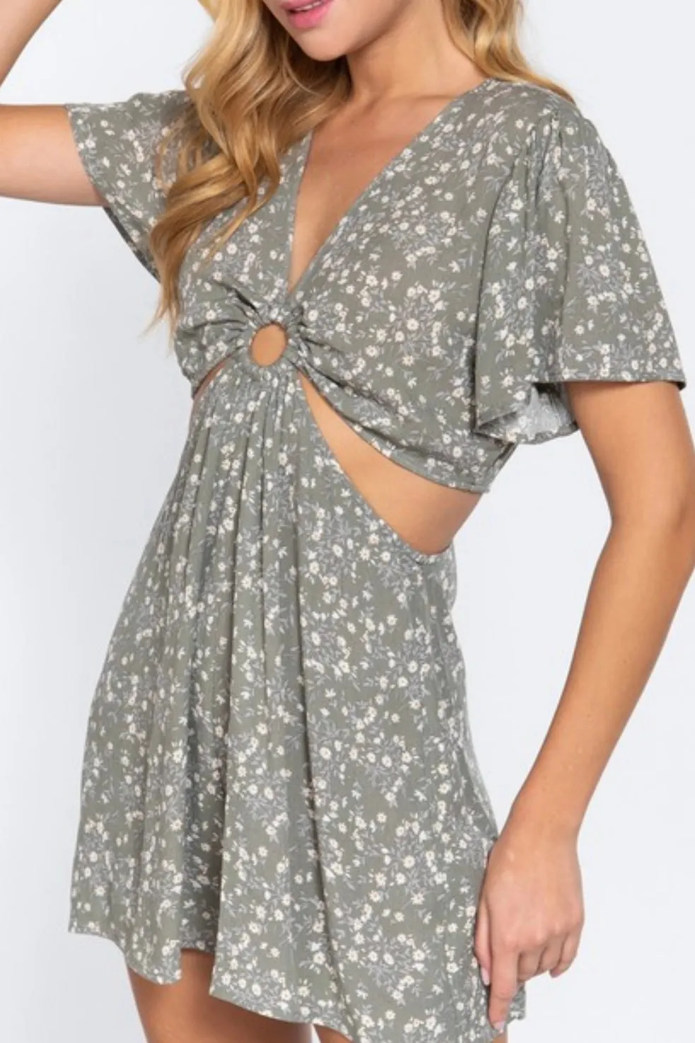 SHORT RUFFLE SLEEVE V-NECK WITH O-RING CUT OUT BACK ZIPPER ROMPER