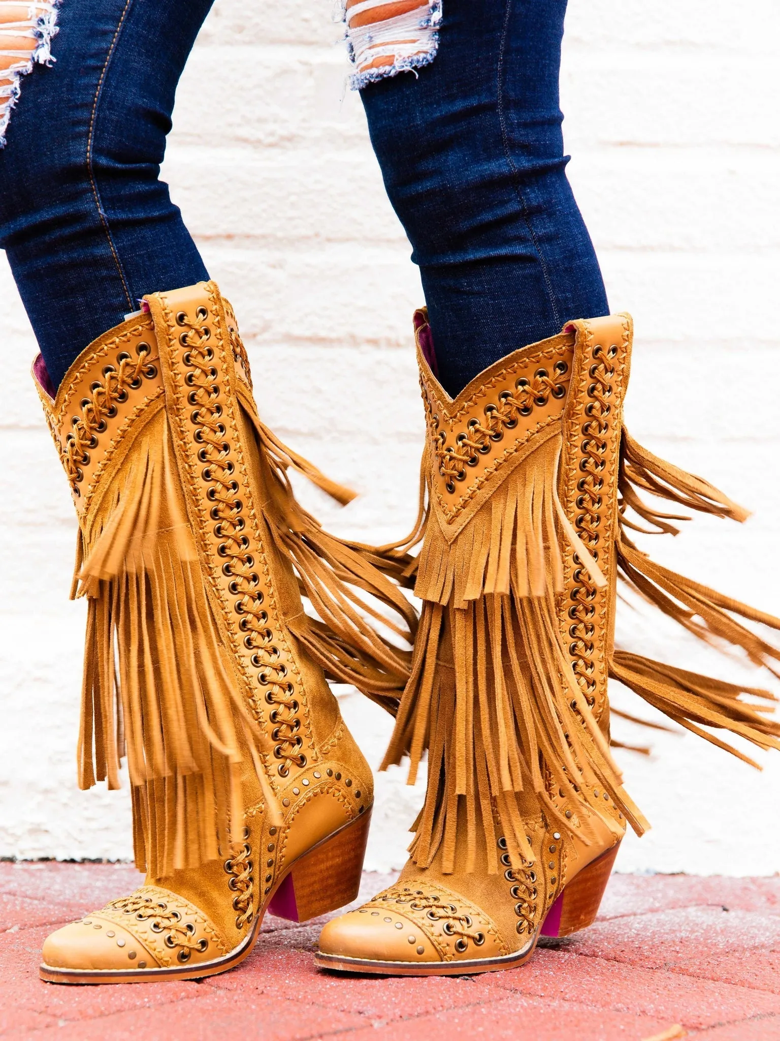 Sohiwoo All Around The Fringe — Wide Calf Western Fringe Boots in Tan Leather