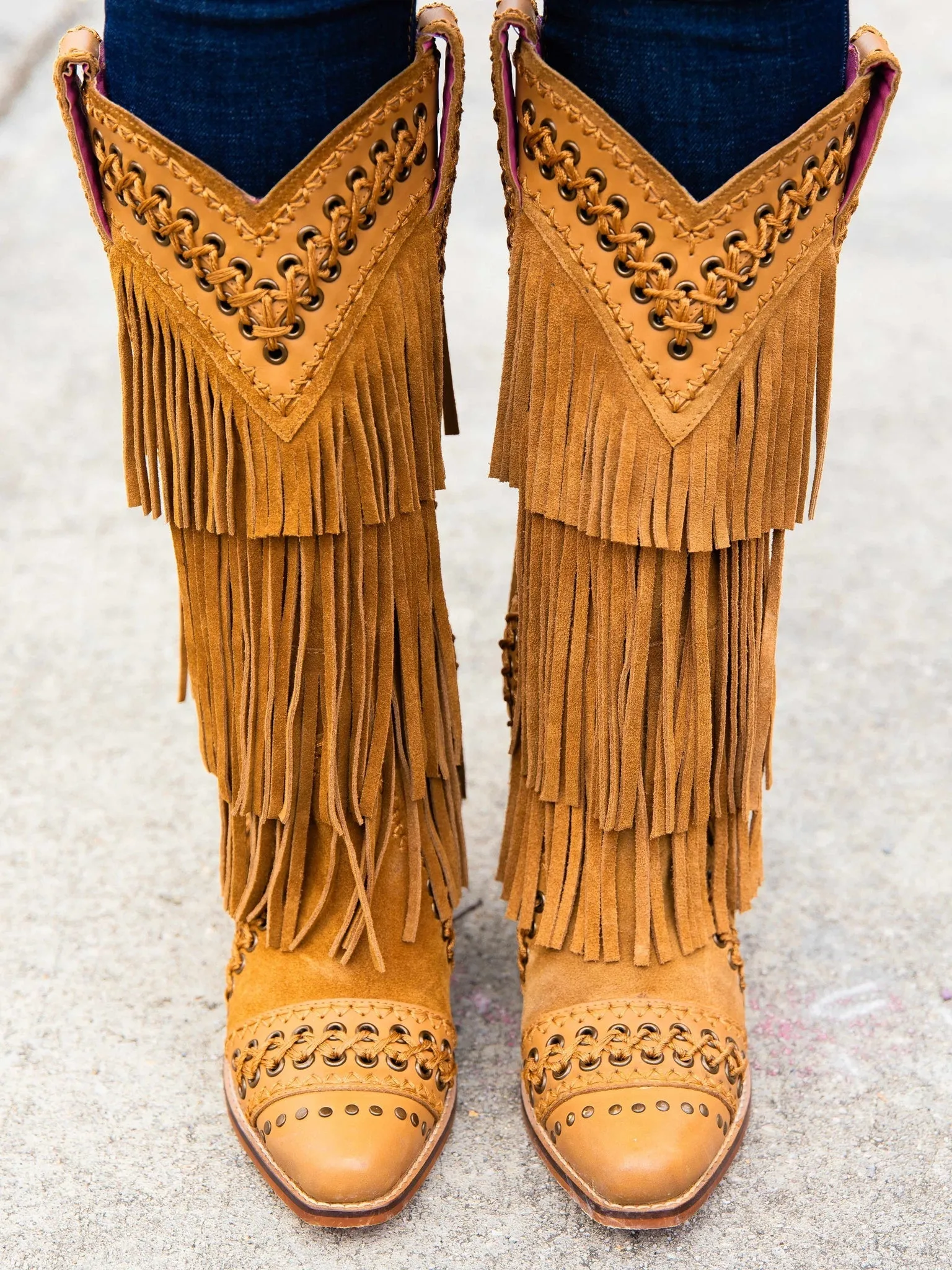 Sohiwoo All Around The Fringe — Wide Calf Western Fringe Boots in Tan Leather