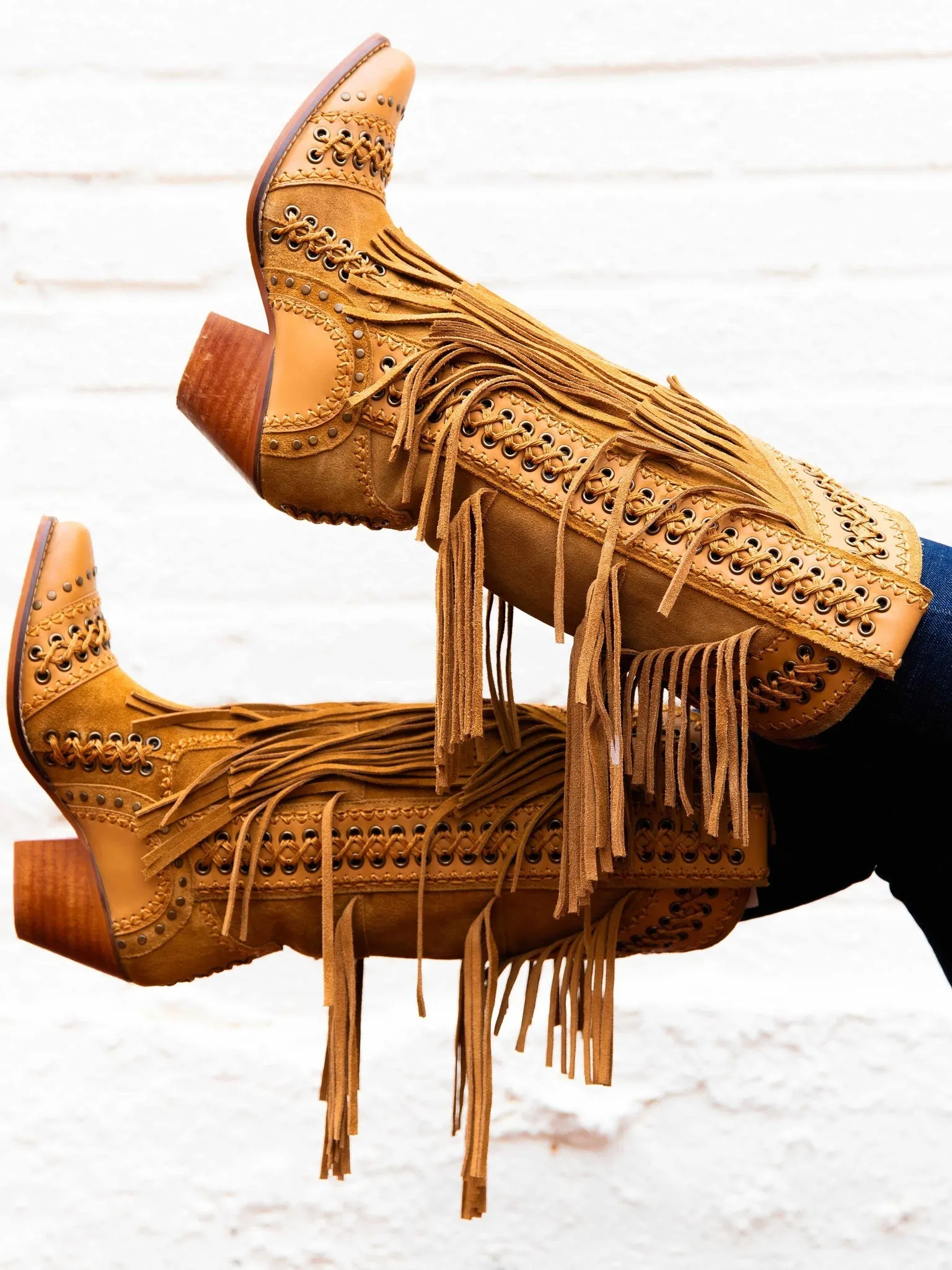 Sohiwoo All Around The Fringe — Wide Calf Western Fringe Boots in Tan Leather