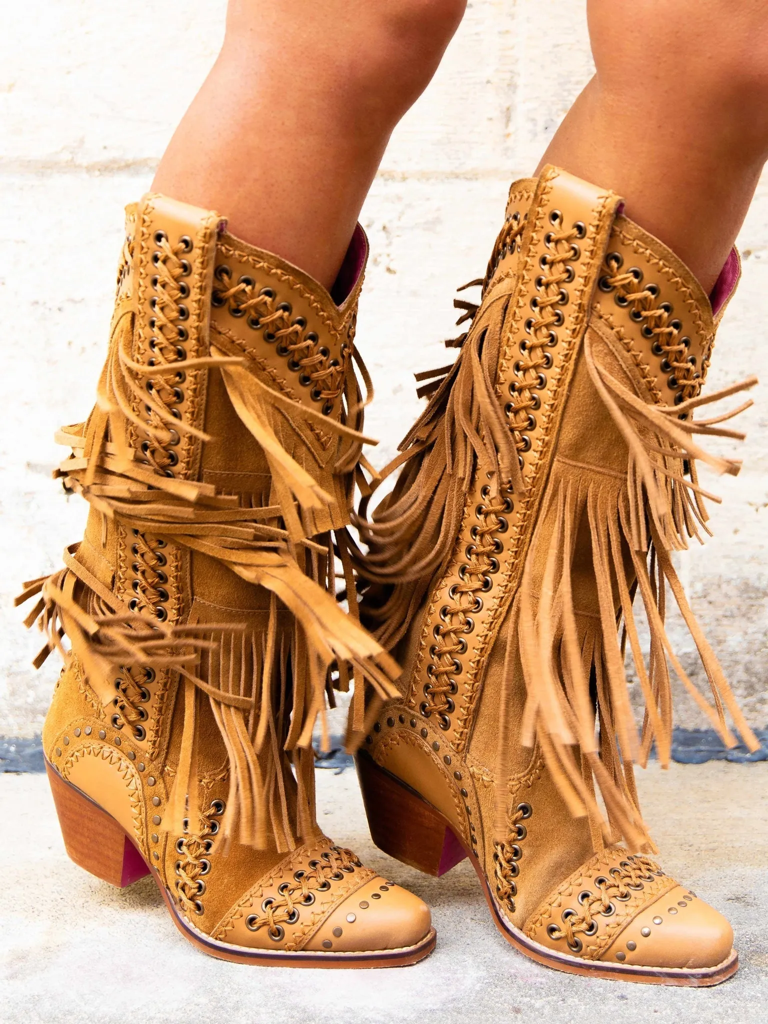 Sohiwoo All Around The Fringe — Wide Calf Western Fringe Boots in Tan Leather