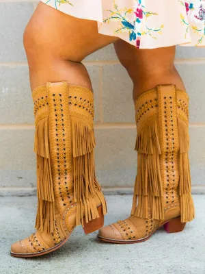 Sohiwoo All Around The Fringe — Wide Calf Western Fringe Boots in Tan Leather
