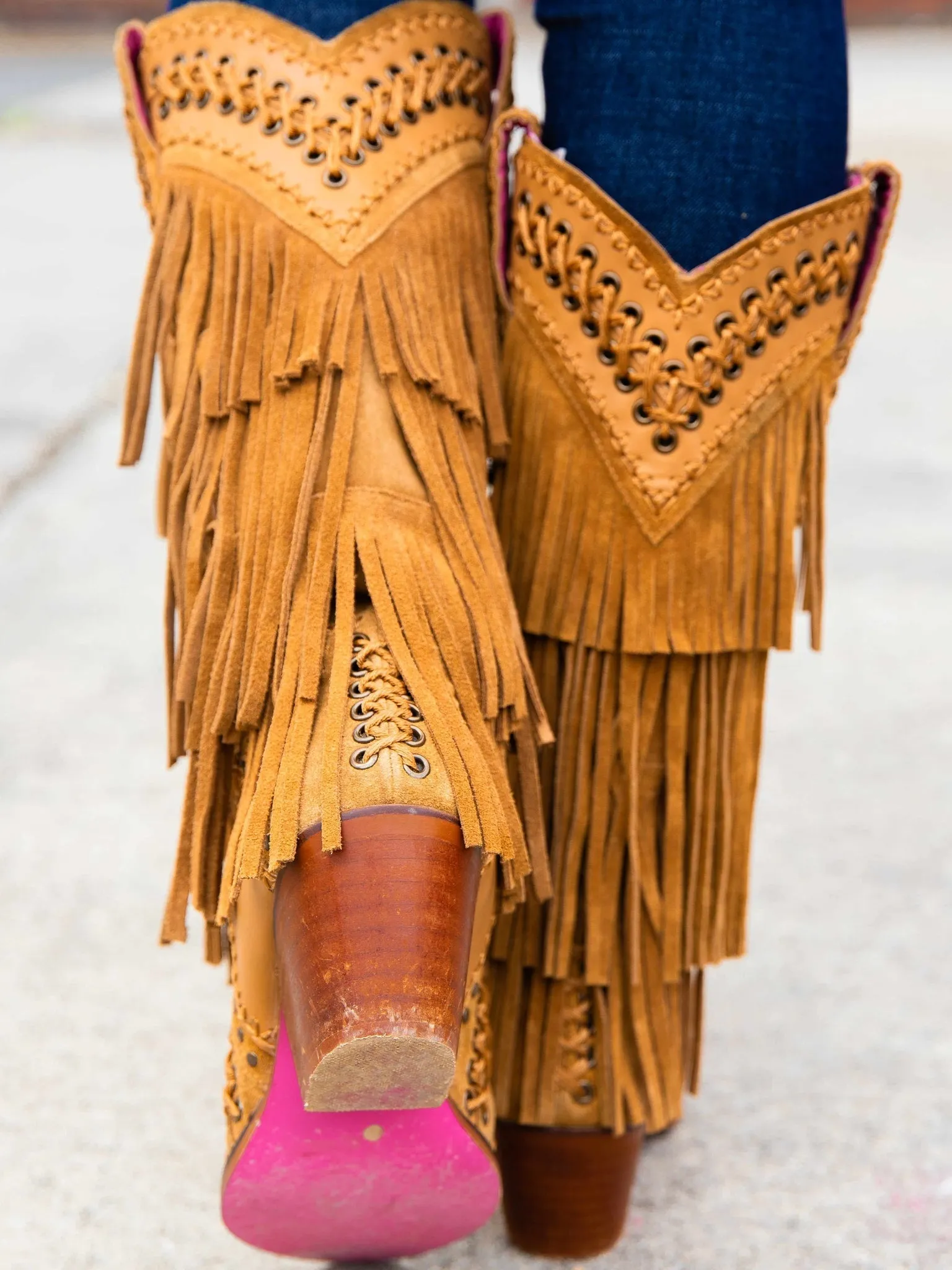 Sohiwoo All Around The Fringe — Wide Calf Western Fringe Boots in Tan Leather