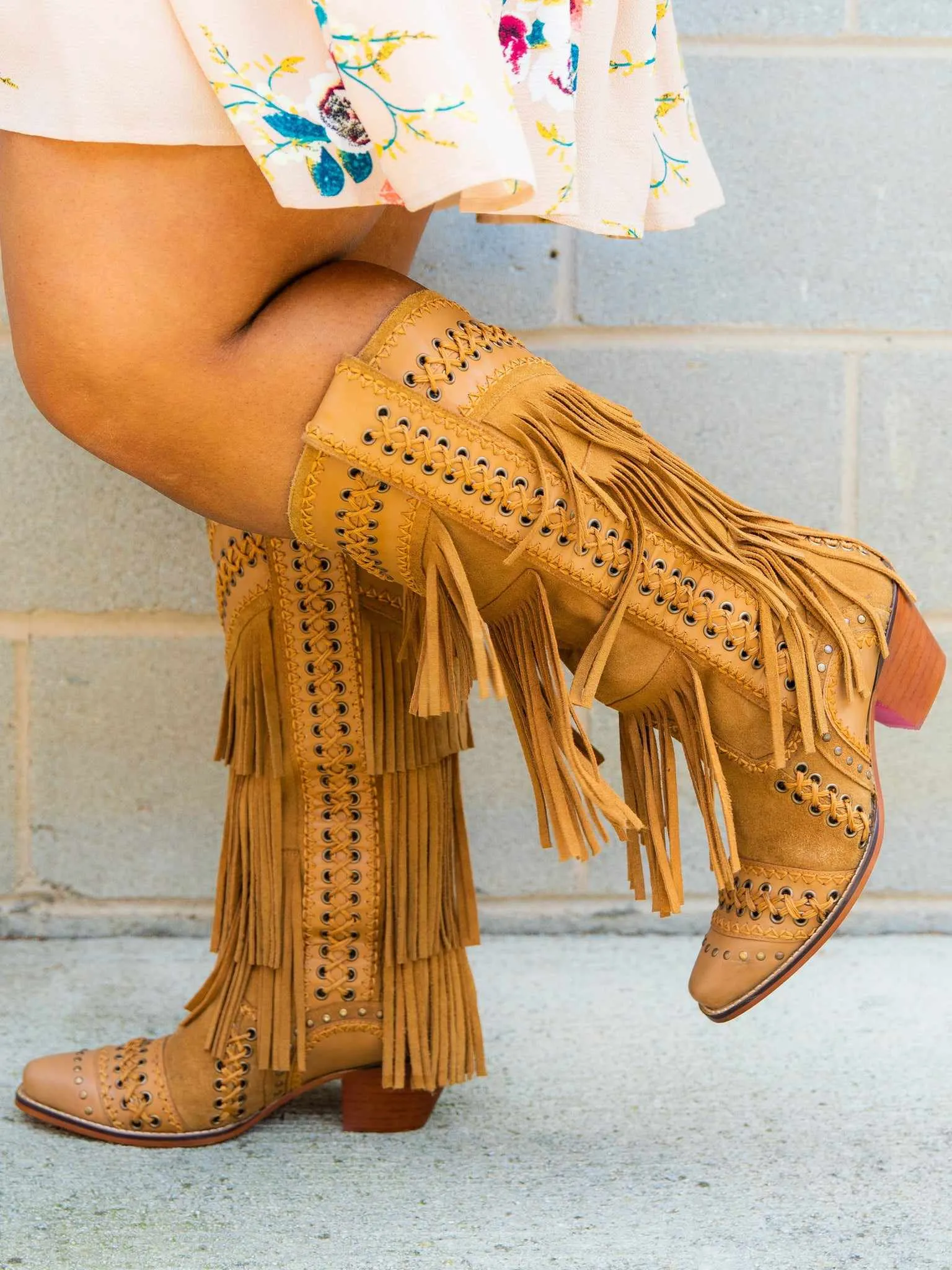 Sohiwoo All Around The Fringe — Wide Calf Western Fringe Boots in Tan Leather