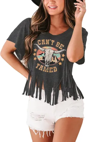 Women Graphic Tees Western Shirts Vintage Cowgirl Fringe Shirt Country Concert Tops Short Sleeve