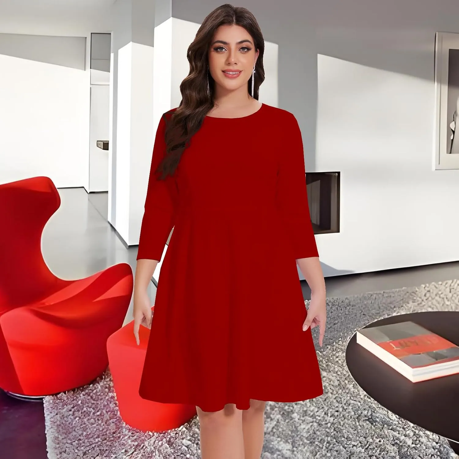 Women's Casual 2025 Fall Flowy Trendy Maxi Dress Crew Neck Draped Loose Swing Pleated Dresses with Pockets