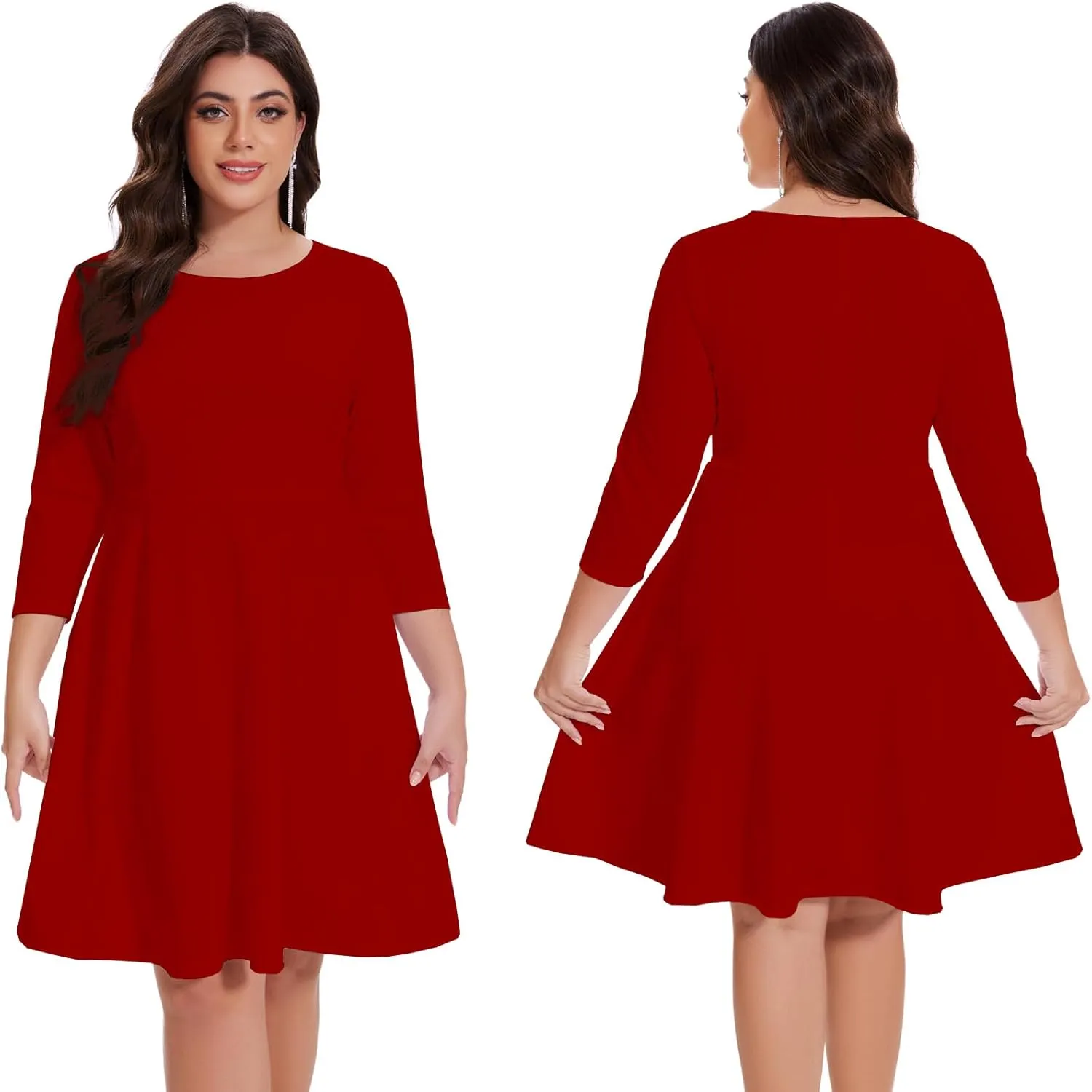 Women's Casual 2025 Fall Flowy Trendy Maxi Dress Crew Neck Draped Loose Swing Pleated Dresses with Pockets