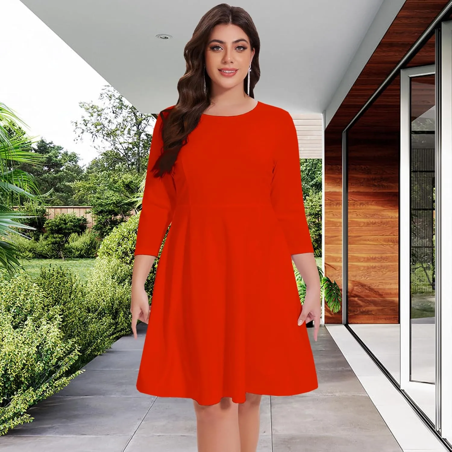 Women's Casual 2025 Fall Flowy Trendy Maxi Dress Crew Neck Draped Loose Swing Pleated Dresses with Pockets