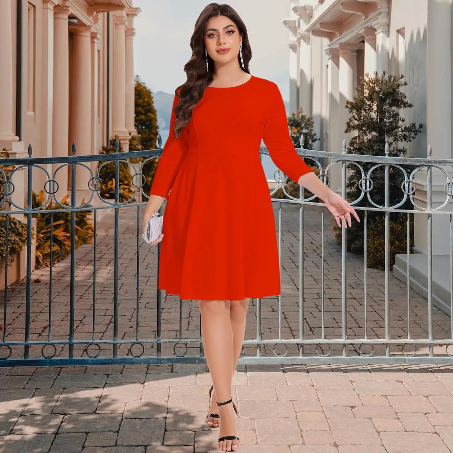 Women's Casual 2025 Fall Flowy Trendy Maxi Dress Crew Neck Draped Loose Swing Pleated Dresses with Pockets