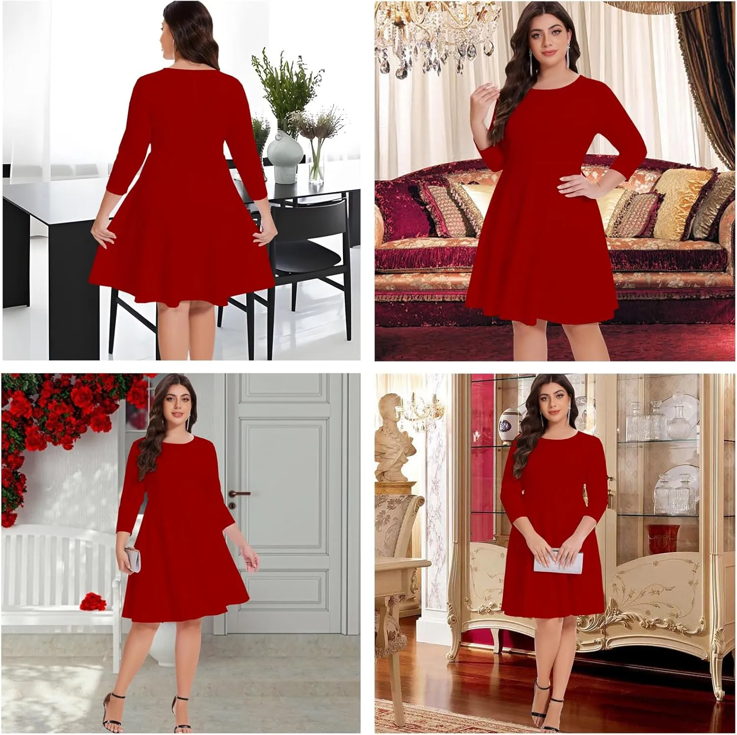 Women's Casual 2025 Fall Flowy Trendy Maxi Dress Crew Neck Draped Loose Swing Pleated Dresses with Pockets