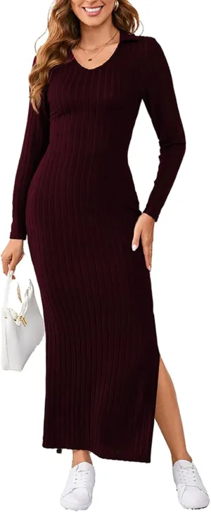 Women's Casual Long Sleeve Collar V Neck Maxi Sweater Dress Sexy Slit Thigh Ribbed Knit Bodycon Pencil Dresses