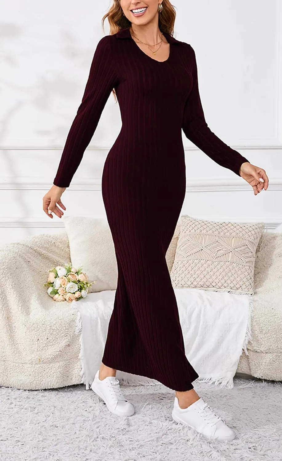Women's Casual Long Sleeve Collar V Neck Maxi Sweater Dress Sexy Slit Thigh Ribbed Knit Bodycon Pencil Dresses