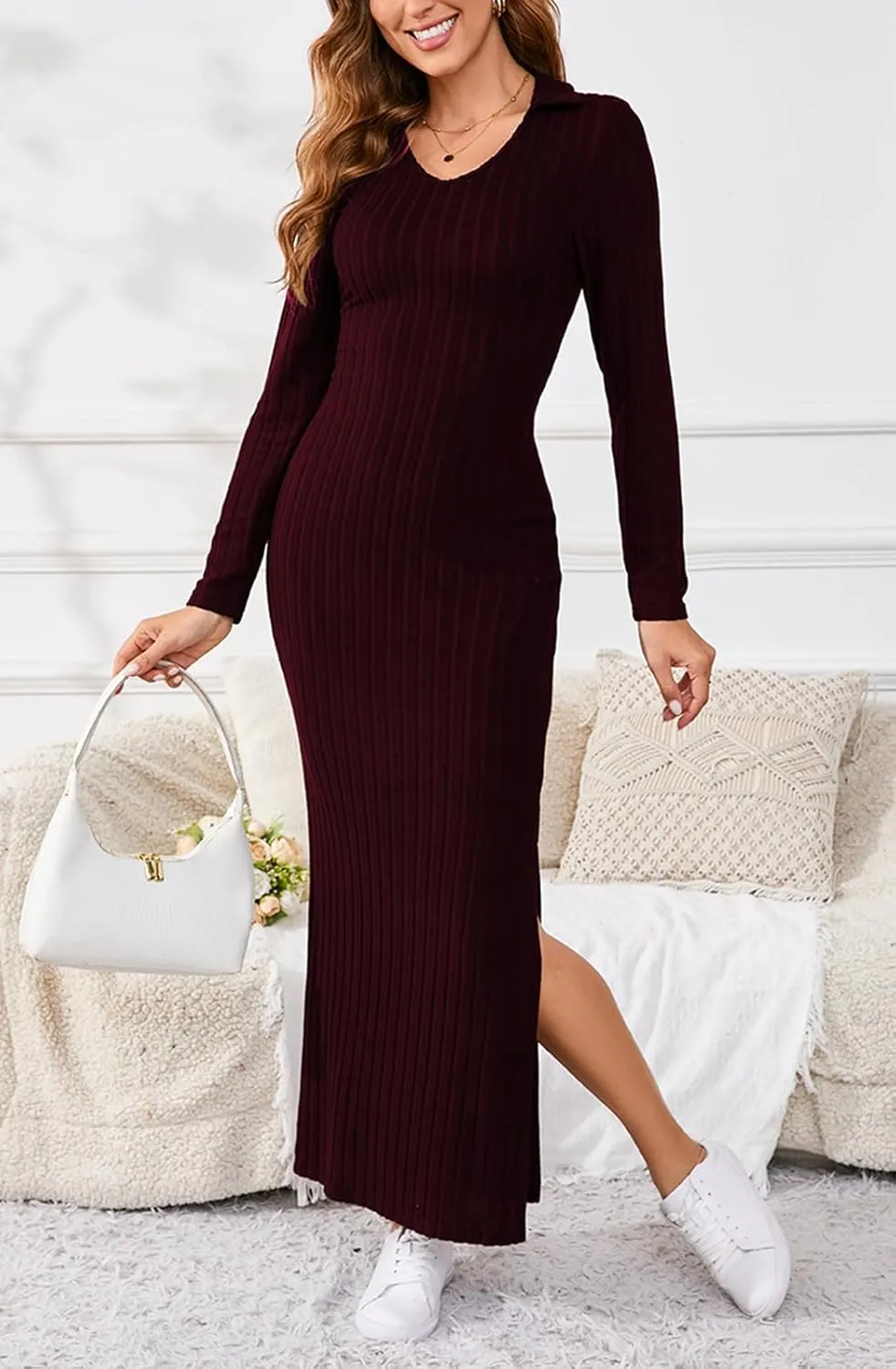 Women's Casual Long Sleeve Collar V Neck Maxi Sweater Dress Sexy Slit Thigh Ribbed Knit Bodycon Pencil Dresses