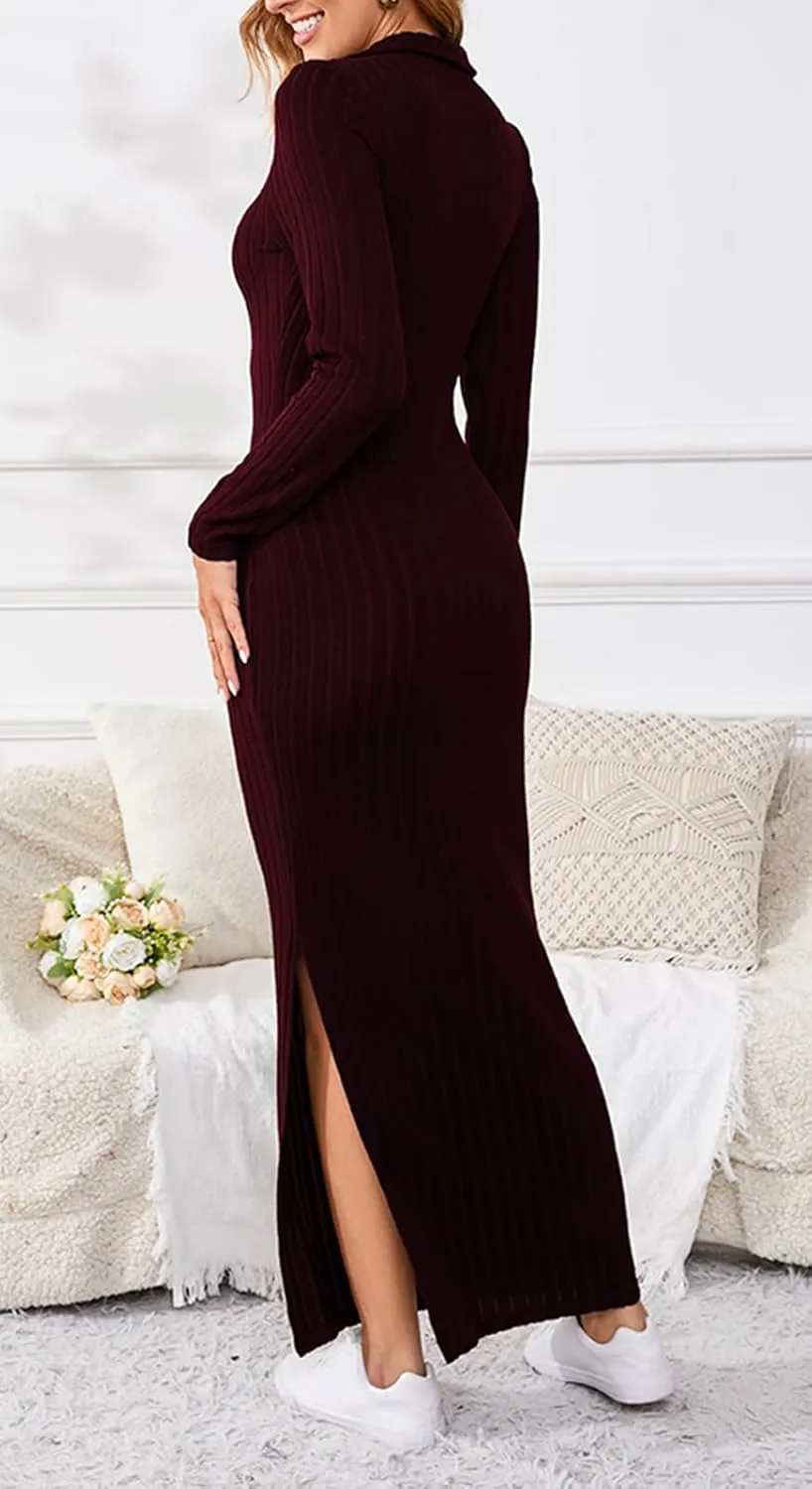Women's Casual Long Sleeve Collar V Neck Maxi Sweater Dress Sexy Slit Thigh Ribbed Knit Bodycon Pencil Dresses